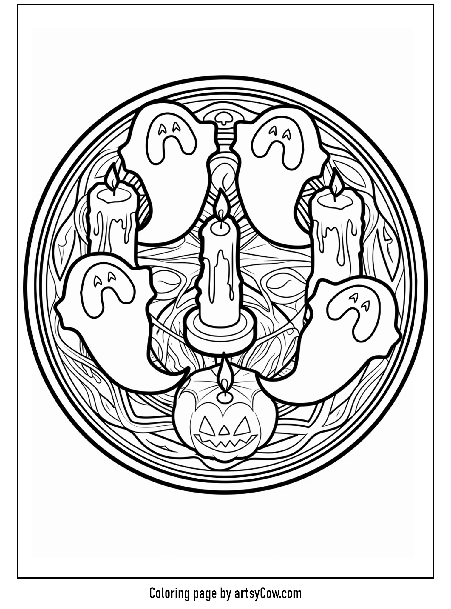 halloween ghost mandala featuring ghostly shapes and candle designs within a circular frame